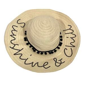 Betsey Johnson Straw Hat “Sunshine & Chill” Script Beige Black Pom Pom Wide Brim